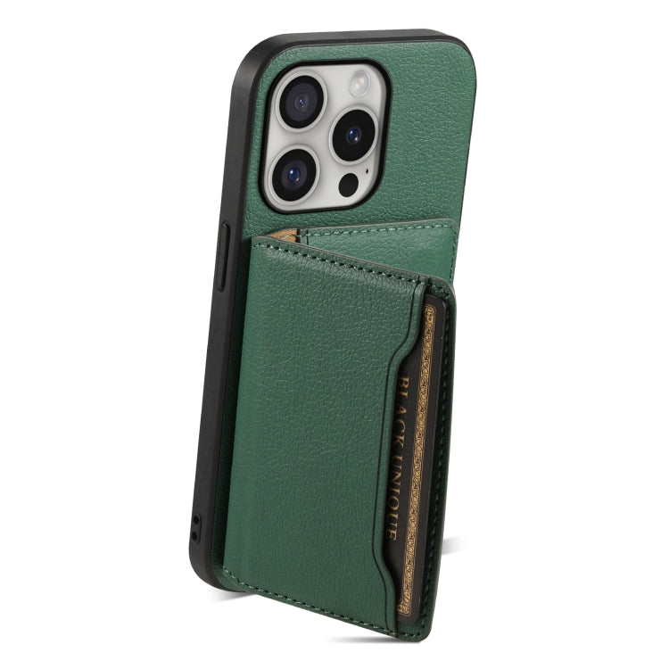 For iPhone 16 Pro Calf Texture Card Bag Design Full Coverage Phone Case(Green) - iPhone 16 Pro Cases by buy2fix | Online Shopping UK | buy2fix