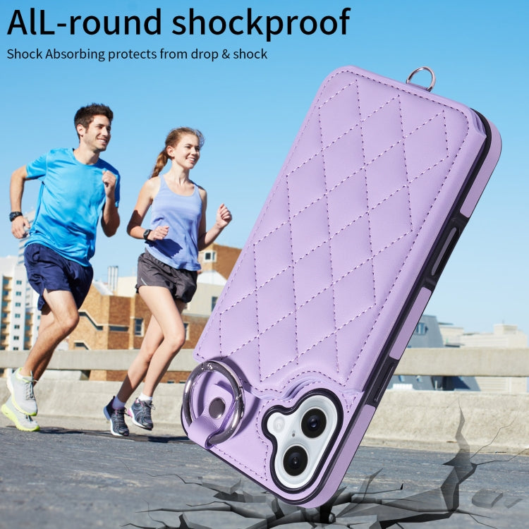 For iPhone 16 Plus Rhombic Texture Card Bag Phone Case with Short Lanyard(Purple) - iPhone 16 Plus Cases by buy2fix | Online Shopping UK | buy2fix