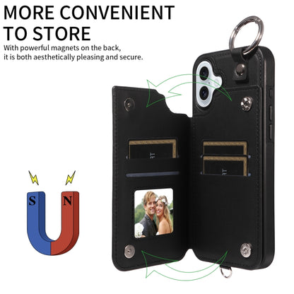 For iPhone 16 Plus Rhombic Texture Card Bag Phone Case with Short Lanyard(Black) - iPhone 16 Plus Cases by buy2fix | Online Shopping UK | buy2fix