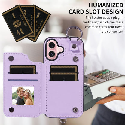 For iPhone 16 Rhombic Texture Card Bag Phone Case with Short Lanyard(Purple) - iPhone 16 Cases by buy2fix | Online Shopping UK | buy2fix