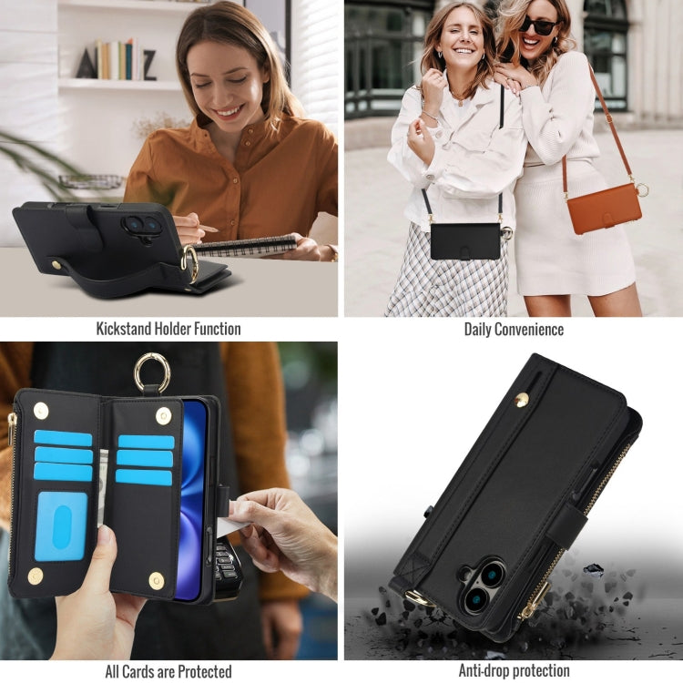 For iPhone 16 Crossbody Ring Multifunctional Wallet Leather Phone Case(Black) - iPhone 16 Cases by buy2fix | Online Shopping UK | buy2fix