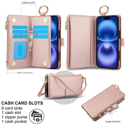 For iPhone 16 Crossbody Ring Multifunctional Wallet Leather Phone Case(Rose Gold) - iPhone 16 Cases by buy2fix | Online Shopping UK | buy2fix