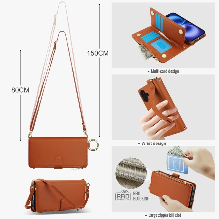 For iPhone 16 Crossbody Ring Multifunctional Wallet Leather Phone Case(Brown) - iPhone 16 Cases by buy2fix | Online Shopping UK | buy2fix