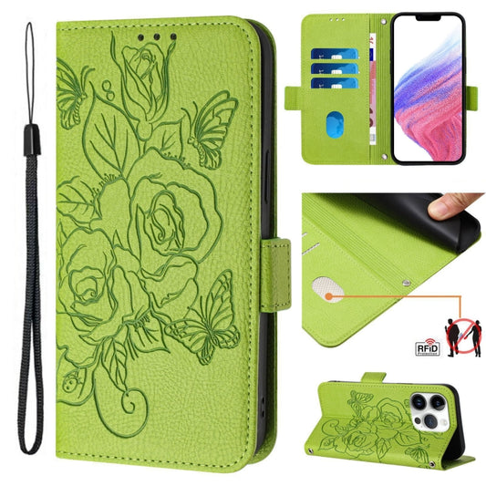 For iPhone 16 Pro Max Embossed Rose RFID Anti-theft Leather Phone Case(Green) - iPhone 16 Pro Max Cases by buy2fix | Online Shopping UK | buy2fix