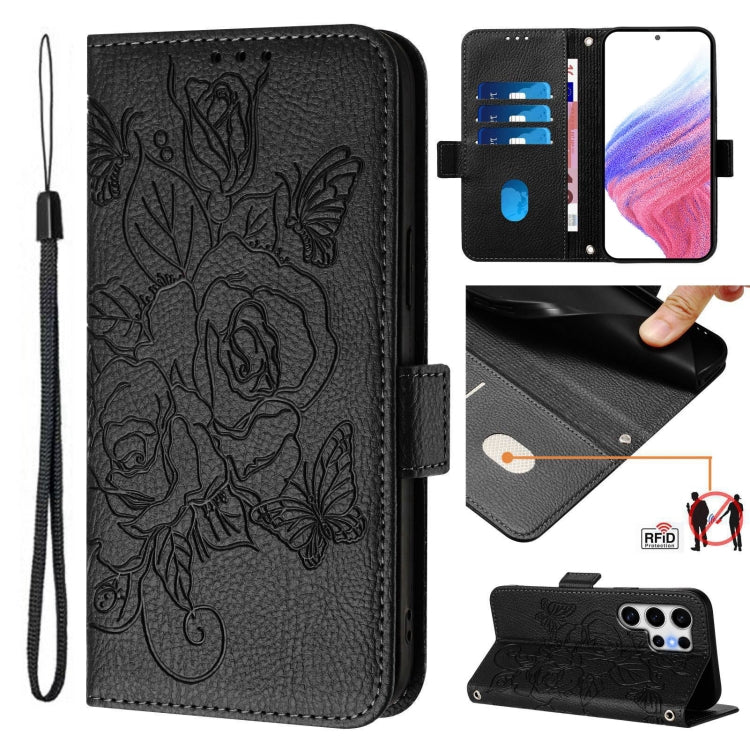 For Samsung Galaxy S25 Ultra 5G Embossed Rose RFID Anti-theft Leather Phone Case(Black) - Galaxy S25 Ultra 5G Cases by buy2fix | Online Shopping UK | buy2fix