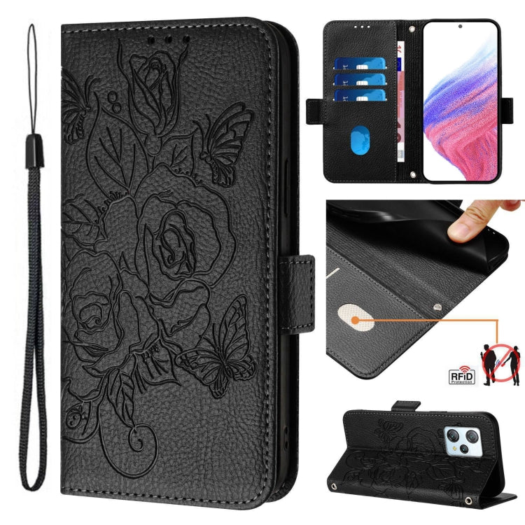 For Blackview A53 Embossed Rose RFID Anti-theft Leather Phone Case(Black) - More Brand by buy2fix | Online Shopping UK | buy2fix