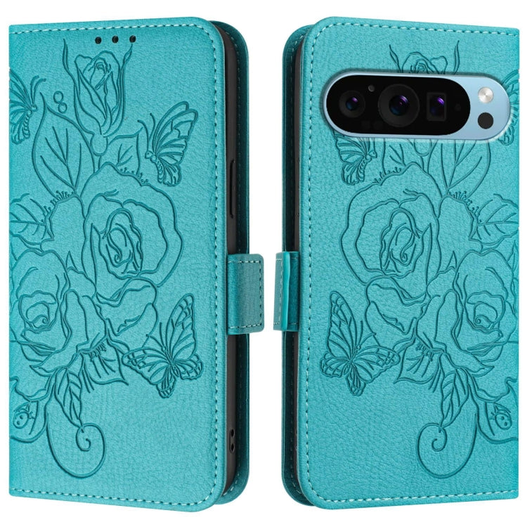 For Google Pixel 9 Pro XL Embossed Rose RFID Anti-theft Leather Phone Case(Light Blue) - Google Cases by buy2fix | Online Shopping UK | buy2fix