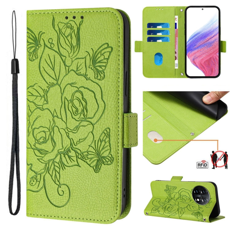 For OnePlus 11 Embossed Rose RFID Anti-theft Leather Phone Case(Green) - OnePlus Cases by buy2fix | Online Shopping UK | buy2fix