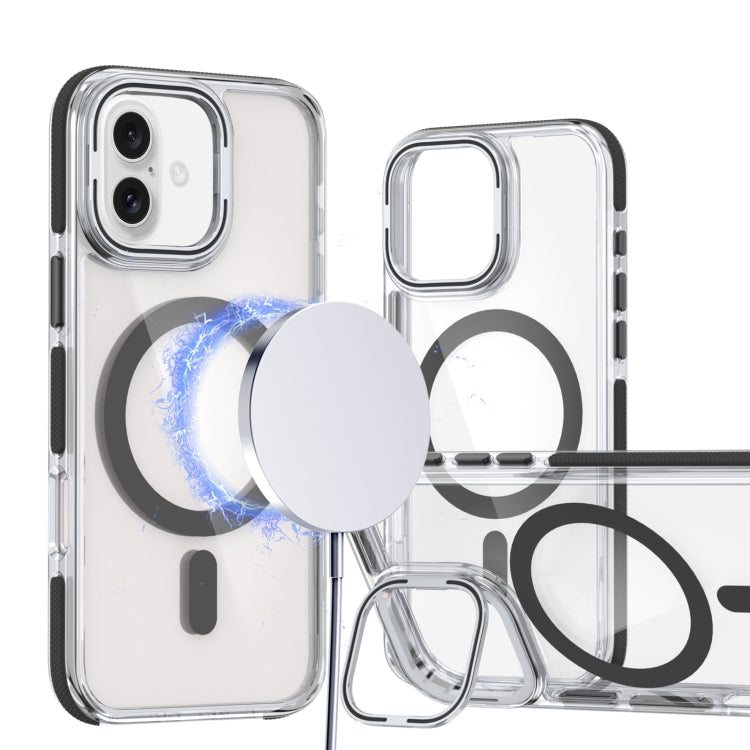 For iPhone 16 Dual-Color Clear Acrylic Hybrid TPU Lens Flip Holder MagSafe Phone Case(Black) - iPhone 16 Cases by buy2fix | Online Shopping UK | buy2fix