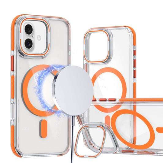 For iPhone 16 Plus Dual-Color Clear Acrylic Hybrid TPU Lens Flip Holder MagSafe Phone Case(Orange) - iPhone 16 Plus Cases by buy2fix | Online Shopping UK | buy2fix