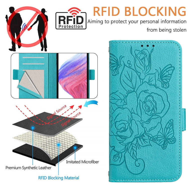 For Motorola Moto G Power 5G 2024 Embossed Rose RFID Anti-theft Leather Phone Case(Light Blue) - Motorola Cases by buy2fix | Online Shopping UK | buy2fix