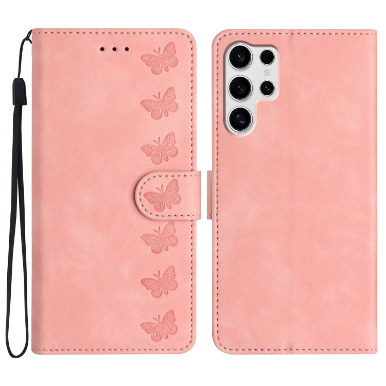 For Samsung Galaxy S25 Ultra 5G Seven Butterflies Embossed Leather Phone Case(Pink) - Galaxy S25 Ultra 5G Cases by buy2fix | Online Shopping UK | buy2fix