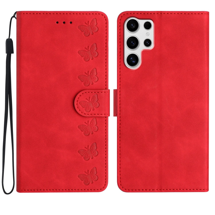 For Samsung Galaxy S25 Ultra 5G Seven Butterflies Embossed Leather Phone Case(Red) - Galaxy S25 Ultra 5G Cases by buy2fix | Online Shopping UK | buy2fix