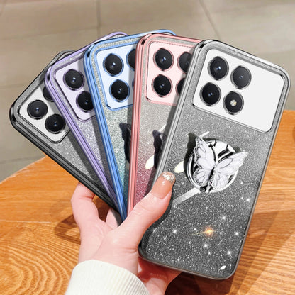 For Redmi K70 / K70 Pro Plated Gradient Glitter Butterfly Holder TPU Phone Case(Silver) - K70 Cases by buy2fix | Online Shopping UK | buy2fix