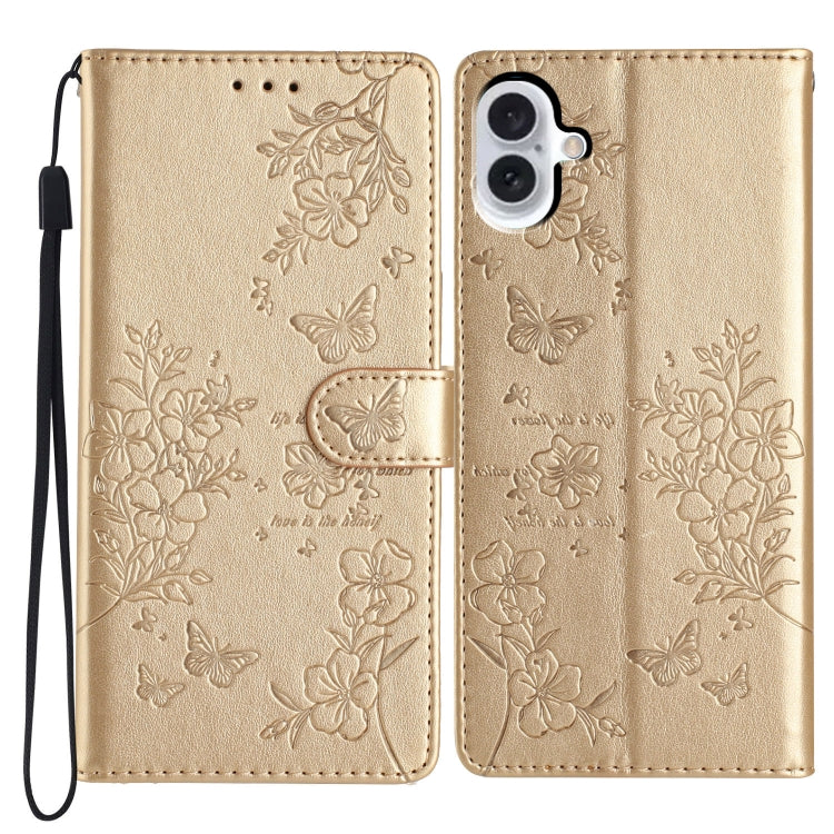 For iPhone 16 Plus Butterflies and Flowers Leather Phone Case(Gold) - iPhone 16 Plus Cases by buy2fix | Online Shopping UK | buy2fix