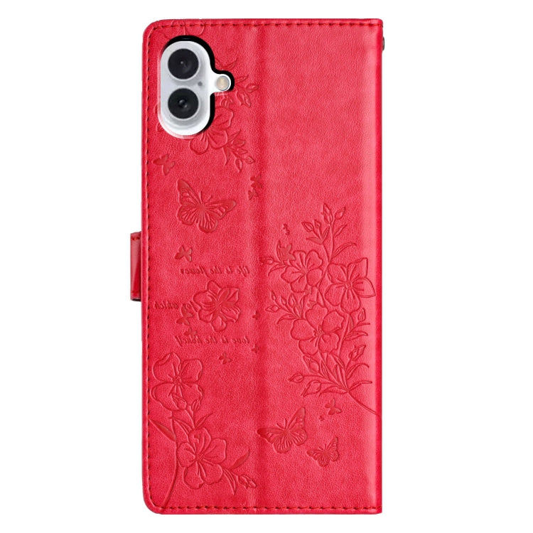 For iPhone 16 Plus Butterflies and Flowers Leather Phone Case(Red) - iPhone 16 Plus Cases by buy2fix | Online Shopping UK | buy2fix