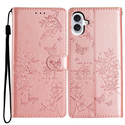 For iPhone 16 Plus Butterflies and Flowers Leather Phone Case(Rose Gold) - iPhone 16 Plus Cases by buy2fix | Online Shopping UK | buy2fix