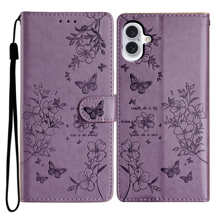 For iPhone 16 Plus Butterflies and Flowers Leather Phone Case(Purple) - iPhone 16 Plus Cases by buy2fix | Online Shopping UK | buy2fix