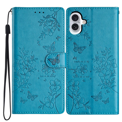 For iPhone 16 Butterflies and Flowers Leather Phone Case(Blue) - iPhone 16 Cases by buy2fix | Online Shopping UK | buy2fix