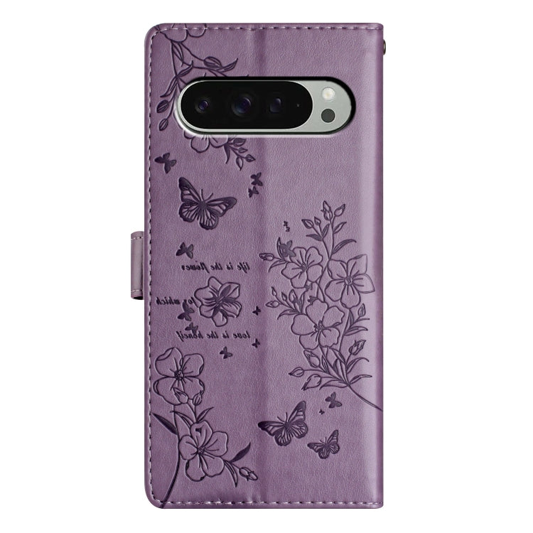 For Google Pixel 9 Pro XL Butterflies and Flowers Leather Phone Case(Purple) - Google Cases by buy2fix | Online Shopping UK | buy2fix