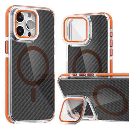 For iPhone 16 Pro Magsafe Dual-Color Carbon Fiber Lens Film Phone Case with Lens Fold Holder(Orange) - iPhone 16 Pro Cases by buy2fix | Online Shopping UK | buy2fix