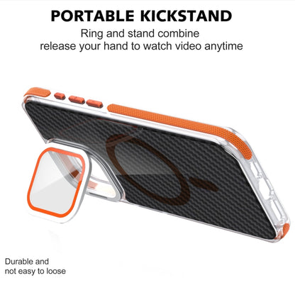 For iPhone 15 Plus Magsafe Dual-Color Carbon Fiber Lens Film Phone Case with Lens Fold Holder(Orange) - iPhone 15 Plus Cases by buy2fix | Online Shopping UK | buy2fix