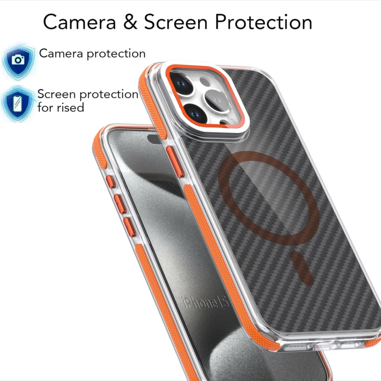 For iPhone 15 Plus Magsafe Dual-Color Carbon Fiber Lens Film Phone Case with Lens Fold Holder(Orange) - iPhone 15 Plus Cases by buy2fix | Online Shopping UK | buy2fix