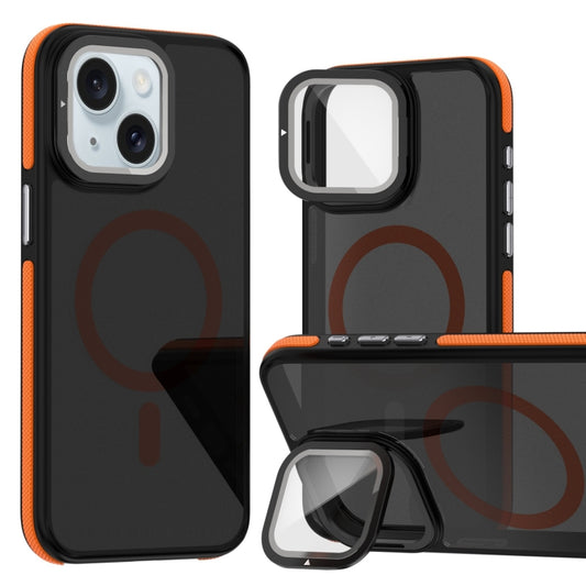 For iPhone 15 Magsafe Dual-Color Skin Feel Lens Film Phone Case with Lens Fold Holder(Orange) - iPhone 15 Cases by buy2fix | Online Shopping UK | buy2fix