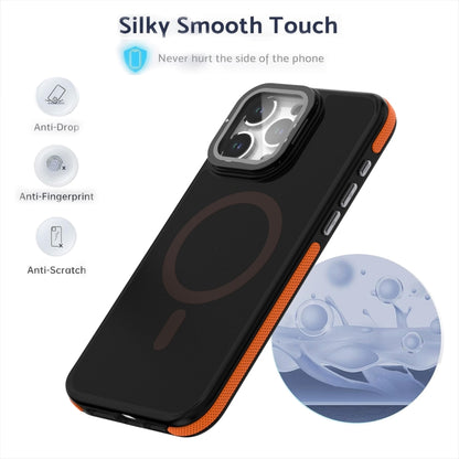 For iPhone 16 Pro Magsafe Dual-Color Skin Feel Lens Film Phone Case with Lens Fold Holder(Orange) - iPhone 16 Pro Cases by buy2fix | Online Shopping UK | buy2fix