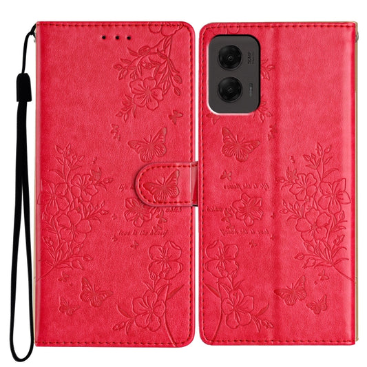 For Motorola Moto G Stylus 5G 2024 Butterflies and Flowers Leather Phone Case(Red) - Motorola Cases by buy2fix | Online Shopping UK | buy2fix