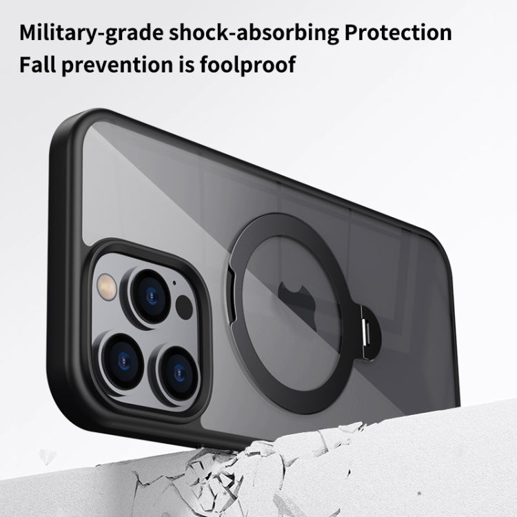 For iPhone 16 Transparent MagSafe Magnetic Rotating Ring Holder Phone Case(Black) - iPhone 16 Cases by buy2fix | Online Shopping UK | buy2fix