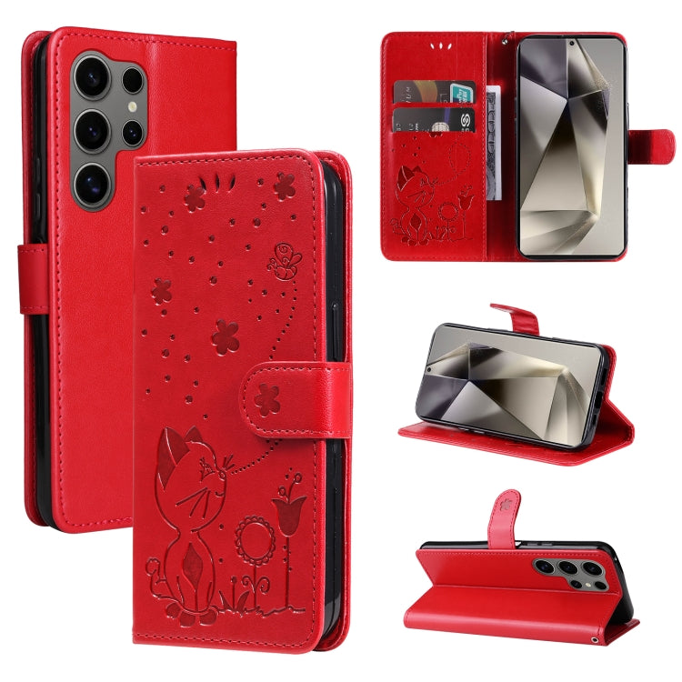 For Samsung Galaxy S25 Ultra 5G Cat and Bee Embossed Flip Leather Phone Case(Red) - Galaxy S25 Ultra 5G Cases by buy2fix | Online Shopping UK | buy2fix