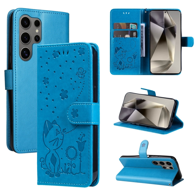 For Samsung Galaxy S25 Ultra 5G Cat and Bee Embossed Flip Leather Phone Case(Blue) - Galaxy S25 Ultra 5G Cases by buy2fix | Online Shopping UK | buy2fix