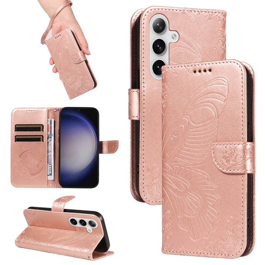 For Samsung Galaxy S25 / S24 5G Swallowtail Butterfly Embossed Leather Phone Case(Rose Gold) - Galaxy S25 5G Cases by buy2fix | Online Shopping UK | buy2fix