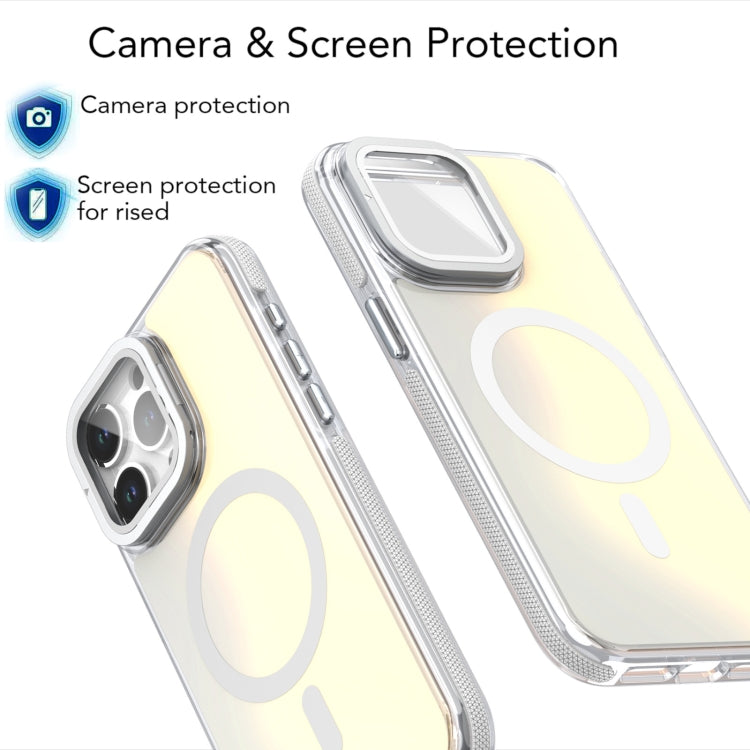 For iPhone 16 Plus MagSafe Gradient Color Lens Film Phone Case with Lens Fold Holder(White) - iPhone 16 Plus Cases by buy2fix | Online Shopping UK | buy2fix