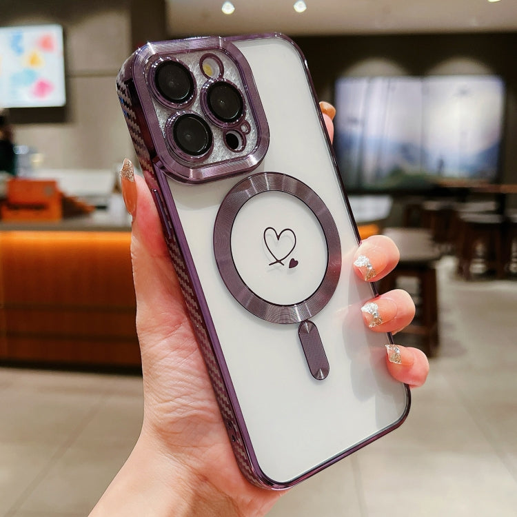 For iPhone 14 Pro Max Loves Carbon Fiber Clear Plated Magsafe TPU Phone Case(Purple) - iPhone 14 Pro Max Cases by buy2fix | Online Shopping UK | buy2fix