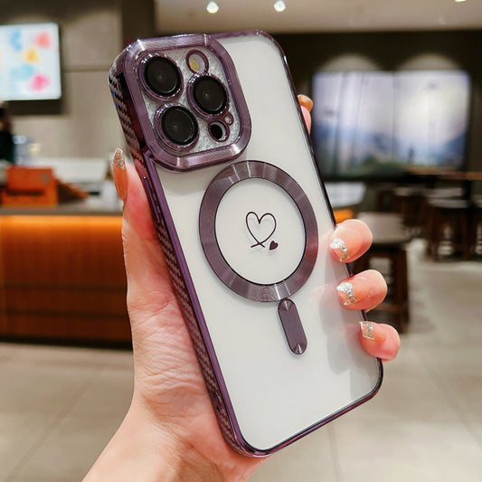 For iPhone 13 Pro Loves Carbon Fiber Clear Plated Magsafe TPU Phone Case(Purple) - iPhone 13 Pro Cases by buy2fix | Online Shopping UK | buy2fix