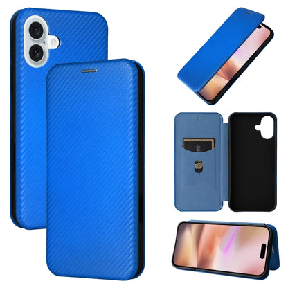 For iPhone 16 Carbon Fiber Texture Flip Leather Phone Case(Blue) - iPhone 16 Cases by buy2fix | Online Shopping UK | buy2fix