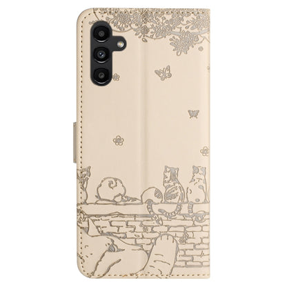 For Samsung Galaxy S25 5G Cat Embossing Pattern Leather Phone Case with Lanyard(Beige) - Galaxy S25 5G Cases by buy2fix | Online Shopping UK | buy2fix