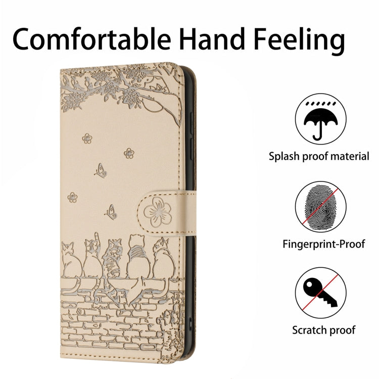 For Samsung Galaxy S25 5G Cat Embossing Pattern Leather Phone Case with Lanyard(Beige) - Galaxy S25 5G Cases by buy2fix | Online Shopping UK | buy2fix