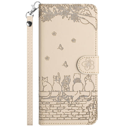 For Samsung Galaxy S25 Ultra 5G Cat Embossing Pattern Leather Phone Case with Lanyard(Beige) - Galaxy S25 Ultra 5G Cases by buy2fix | Online Shopping UK | buy2fix