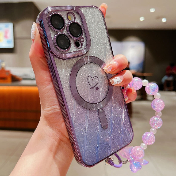 For iPhone 14 Pro Loves Leaves Gradient Glitter Bracelets Carbon Fiber Magsafe TPU Phone Case(Purple) - iPhone 14 Pro Cases by buy2fix | Online Shopping UK | buy2fix