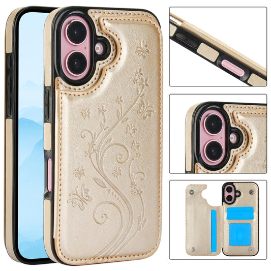 For iPhone 16 Double Buckle Butterfly Embossing PU Phone Case(Gold) - iPhone 16 Cases by buy2fix | Online Shopping UK | buy2fix