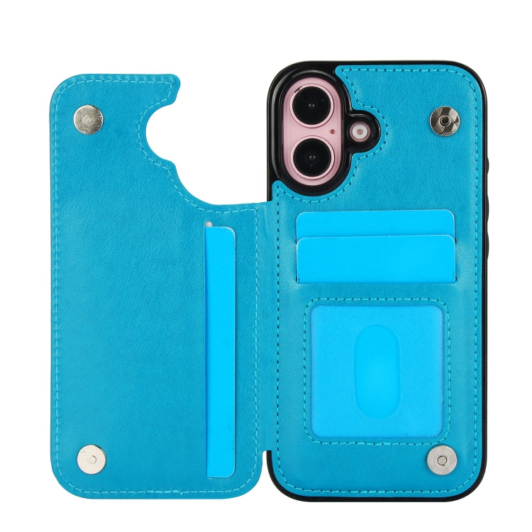 For iPhone 16 Double Buckle Butterfly Embossing PU Phone Case(Blue) - iPhone 16 Cases by buy2fix | Online Shopping UK | buy2fix