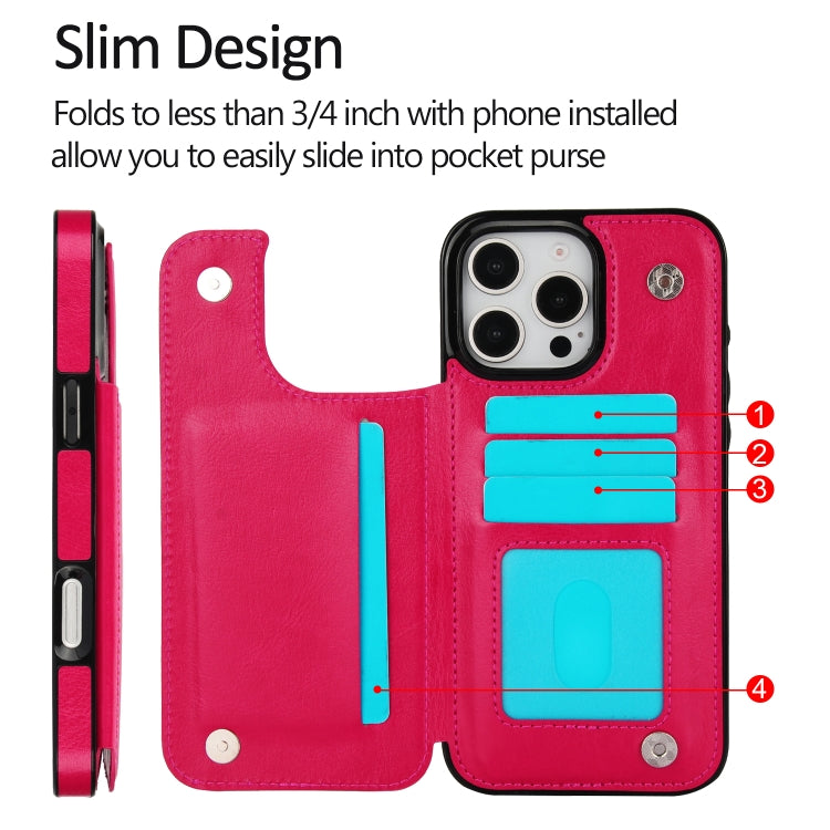 For iPhone 16 Pro Max Double Buckle Crazy Horse Texture PU Phone Case(Rose Red) - iPhone 16 Pro Max Cases by buy2fix | Online Shopping UK | buy2fix