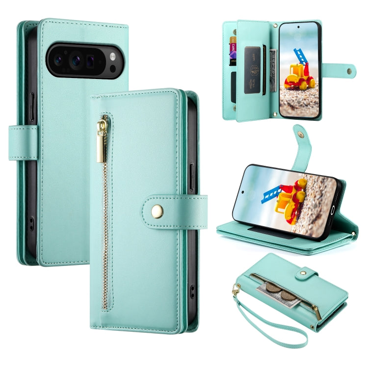 For Google Pixel 9 Pro XL Nine Card-slot Zipper Wallet Bag Leather Phone Case(Mint Green) - Google Cases by buy2fix | Online Shopping UK | buy2fix