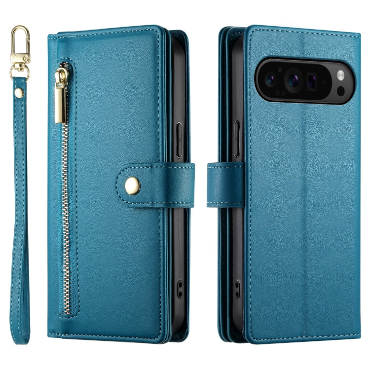 For Google Pixel 9 Pro XL Nine Card-slot Zipper Wallet Bag Leather Phone Case(Blue) - Google Cases by buy2fix | Online Shopping UK | buy2fix