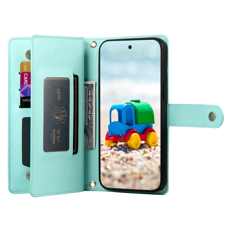 For Google Pixel 9 / 9 Pro Nine Card-slot Zipper Wallet Bag Leather Phone Case(Mint Green) - Google Cases by buy2fix | Online Shopping UK | buy2fix