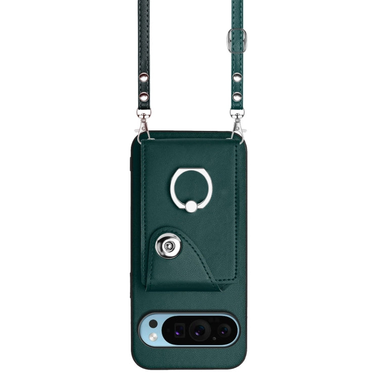 For Google Pixel 9 / 9 Pro Organ Card Bag Ring Holder Phone Case with Long Lanyard(Green) - Google Cases by buy2fix | Online Shopping UK | buy2fix