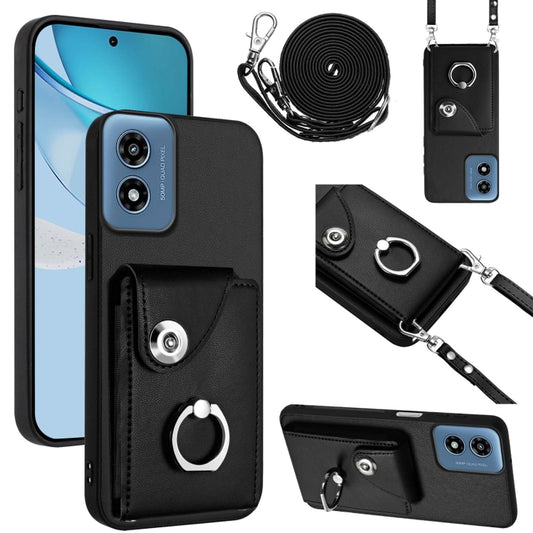 For Motorola Moto G Play 2024 5G Organ Card Bag Ring Holder Phone Case with Long Lanyard(Black) - Motorola Cases by buy2fix | Online Shopping UK | buy2fix